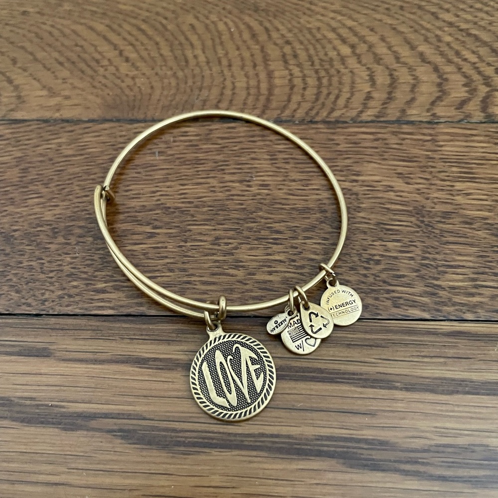 Alex and Ani Love bracelet in faded gold